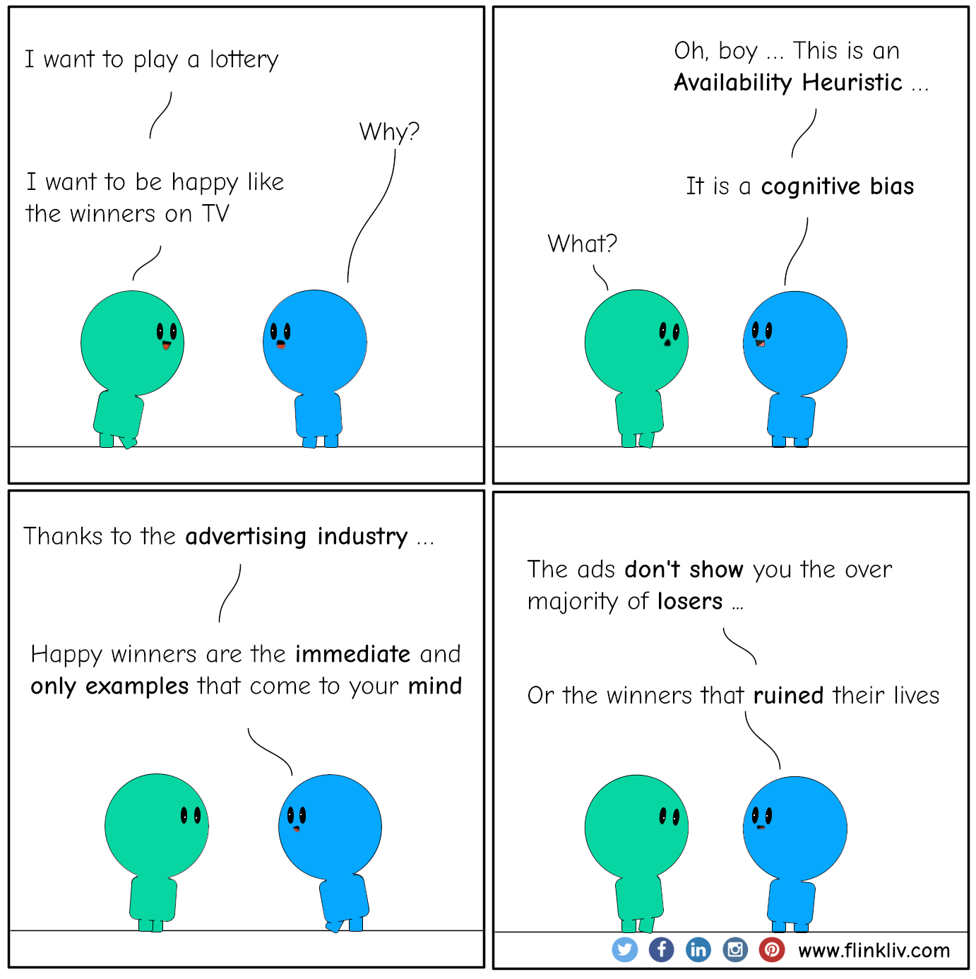 Conversation between A and B about Availability Heuristic. A: I want to play a lottery B: Why? A: I want to be happy like the winners on TV B: Oh, boy. This is an Availability Heuristic; it is a cognitive bias A: What? B: Thanks to the advertising industry, happy winners are the immediate and only examples that come to your mind B: The ads don't show you the over majority of losers. Or the winners that ruined their lives.
				By Flinkliv.com